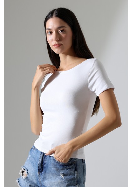 Ribana Kumaş Kayık Yaka Kısa Kol Basic Kadın T-Shirt 21996 Beyaz