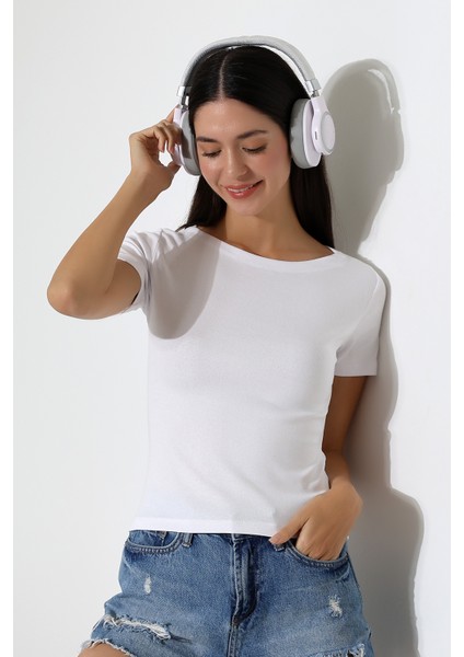 Ribana Kumaş Kayık Yaka Kısa Kol Basic Kadın T-Shirt 21996 Beyaz modelleri