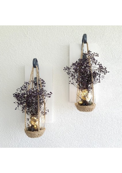 Duvar Dekoru LED Işıklı, Mor Cipso Çiçekli Aplik 2 Li Set, Mutfak, Balkon, Antre Dekoru