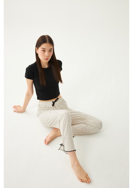 Kadın Ekru Puantiyeli Yırtmaçlı Tek Pijama Pantolon