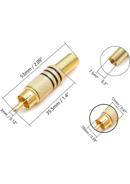10 Adet - Rca Erkek Tos Jak Fiş Metal Yaylı - Rca Erkek Gold Konnektör