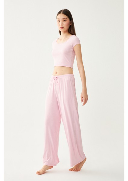 Kadın Pembe Dublin Crop Üst Geniş Paça Pantolon Pijama Takım