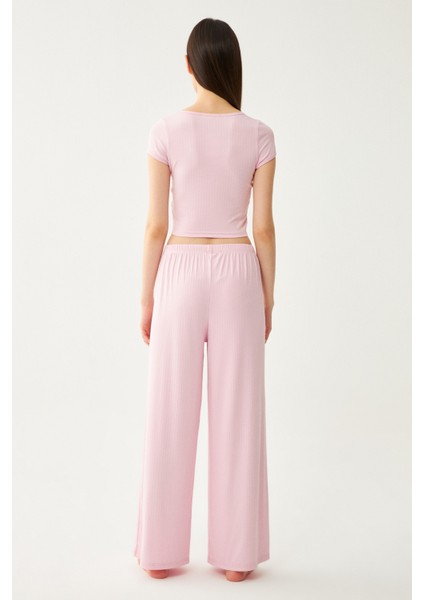 Kadın Pembe Dublin Crop Üst Geniş Paça Pantolon Pijama Takım