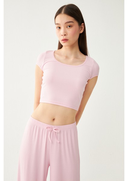 Kadın Pembe Dublin Crop Üst Geniş Paça Pantolon Pijama Takım