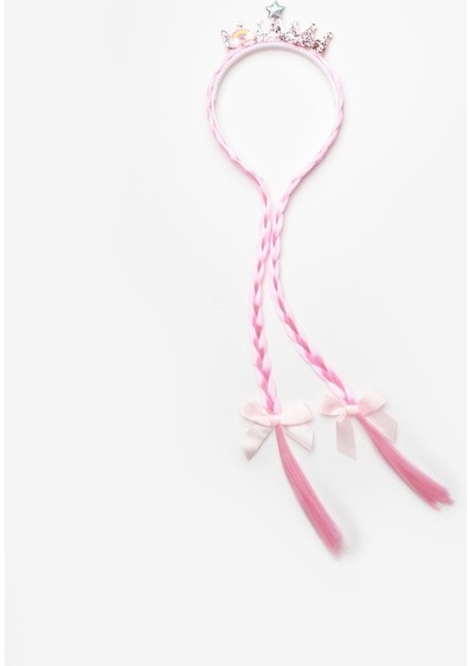 Pembe Yıldız Detaylı Örgü Saçlı Kız Çocuk Taç