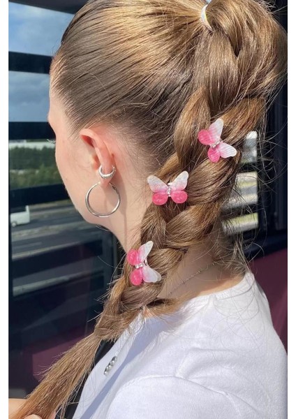 Pembe Kelebek Figürlü Kız Çocuk 3'lü Saç Küpesi