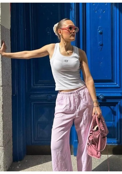 Pembe Beli Ayarlanabilir Bol Paça Dökümlü Çizgili Pantolon MG2087