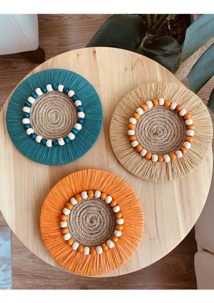 Aylak Şeyler Üçlü Bohem Mini Duvar Dekor Seti 15 Cmturuncu,zümrüt Yeşili,hasır Halatlı Mini Dekor