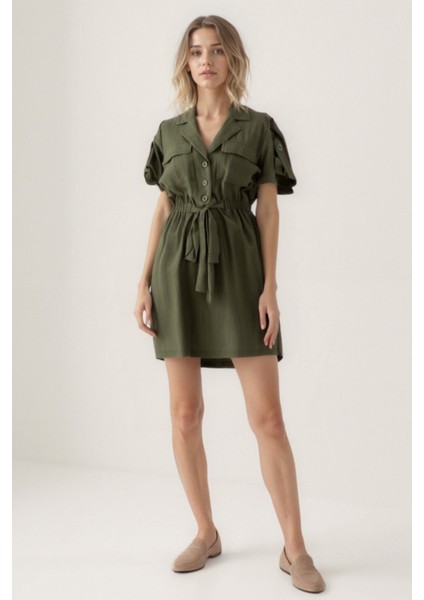 Beli Bağlamalı Kapak Cepli Kısa Kol Krinkıl Kumaş Elbise fiyatları