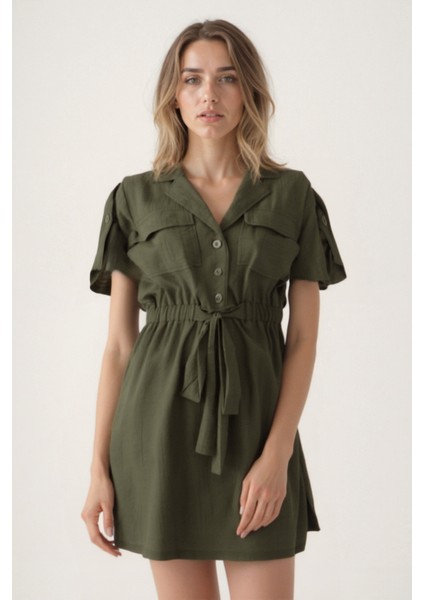 Beli Bağlamalı Kapak Cepli Kısa Kol Krinkıl Kumaş Elbise modelleri