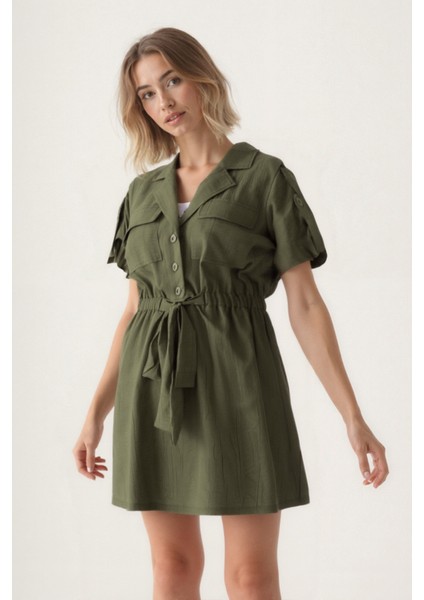 Beli Bağlamalı Kapak Cepli Kısa Kol Krinkıl Kumaş Elbise fırsatları