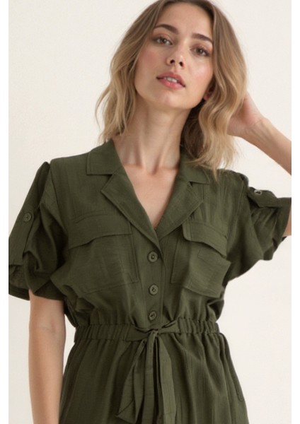 Beli Bağlamalı Kapak Cepli Kısa Kol Krinkıl Kumaş Elbise indirimleri