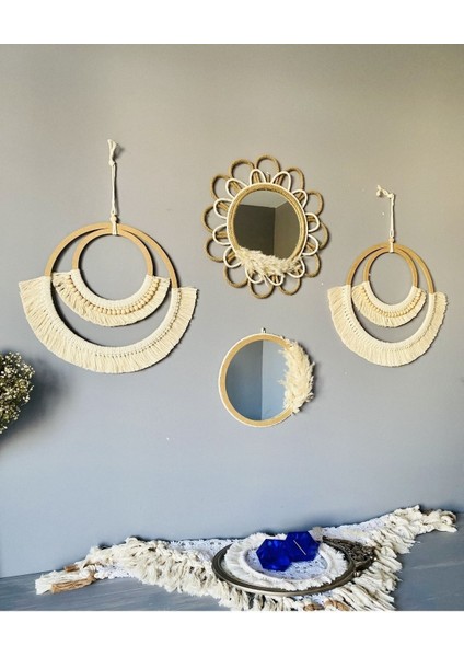 Makrome ve Hasır Örgü Papatya Ayna Duvar Dekorasyon Ürünü 4’lü Set