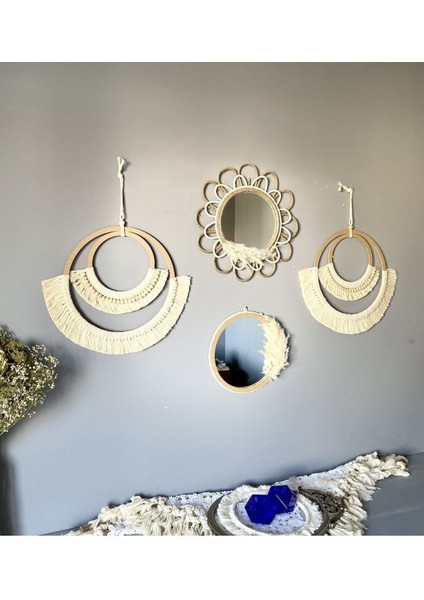 Makrome ve Hasır Örgü Papatya Ayna Duvar Dekorasyon Ürünü 4’lü Set fırsatları