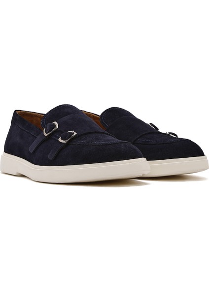 Erkek Lacivert Çift Tokalı Süet Deri Casual Loafer 25SFD750410