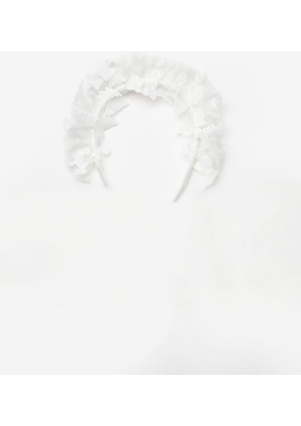 Ekru Kelebek Nakışlı Kız Çocuk Tül Taç