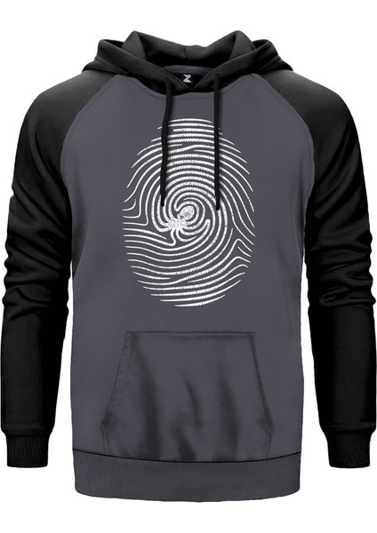 Octopus Print Gri Renk Reglan Kol Kapşonlu Sweatshirt