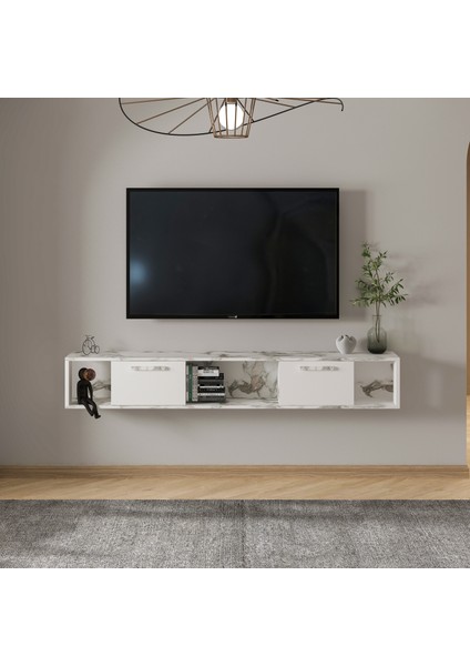 T006 Viero Mermer Desenli Duvara Monte Tv Ünitesi – 160 cm , Kapaklı Raflı