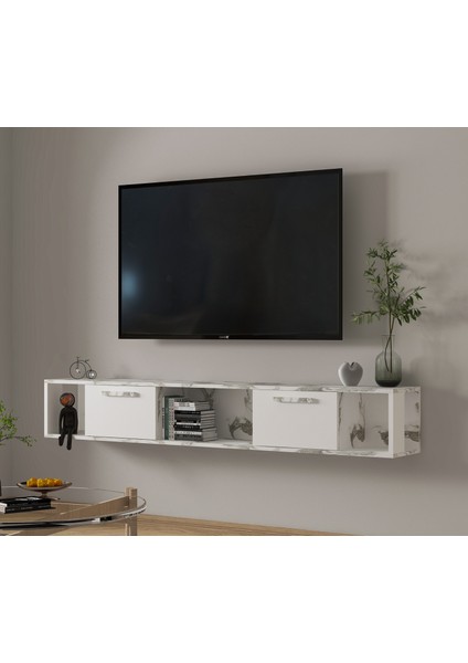T006 Viero Mermer Desenli Duvara Monte Tv Ünitesi – 160 cm , Kapaklı Raflı