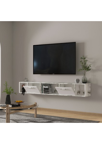 T006 Viero Mermer Desenli Duvara Monte Tv Ünitesi – 160 cm , Kapaklı Raflı