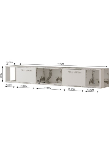 T006 Viero Mermer Desenli Duvara Monte Tv Ünitesi – 160 cm , Kapaklı Raflı