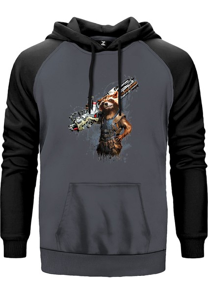 Rocket Raccoon Body Gri Renk Reglan Kol Kapşonlu Sweatshirt