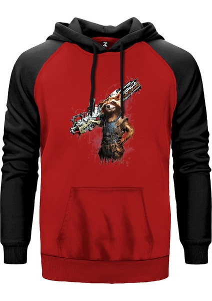 Rocket Raccoon Body Kırmızı Renk Reglan Kol Kapşonlu Sweatshirt