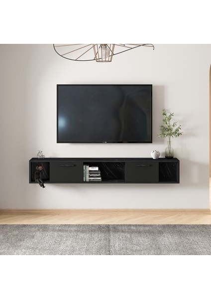T006 Viero Mermer Desenli Duvara Monte Tv Ünitesi – 160 cm , Kapaklı Raflı