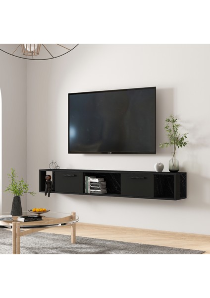 T006 Viero Mermer Desenli Duvara Monte Tv Ünitesi – 160 cm , Kapaklı Raflı