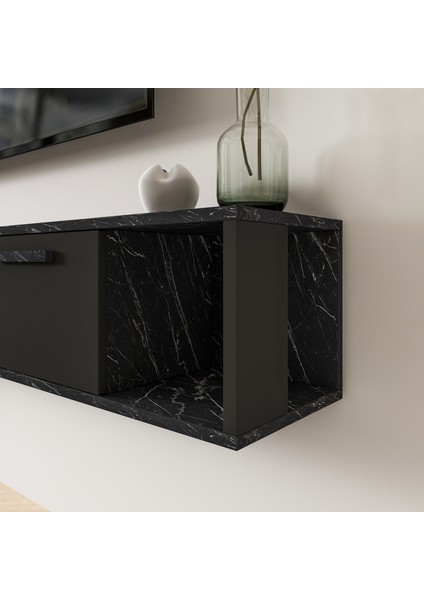 T006 Viero Mermer Desenli Duvara Monte Tv Ünitesi – 160 cm , Kapaklı Raflı