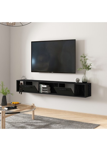 T006 Viero Mermer Desenli Duvara Monte Tv Ünitesi – 160 cm , Kapaklı Raflı