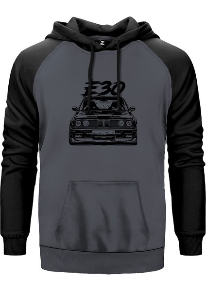 Bmw E30 Sketch Gri Renk Reglan Kol Kapşonlu Sweatshirt