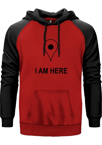 I Am Here Kırmızı Renk Reglan Kol Kapşonlu Sweatshirt