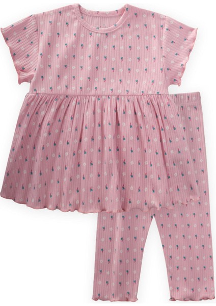Desenli Fitilli Tunik Takım 1-8 Yaş Pembe