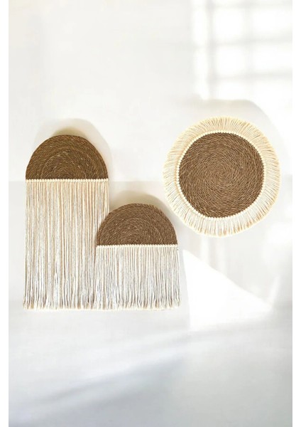 3'lü Bohem Hasır El Yapımı Boncuklu Makrome Duvar Süsü