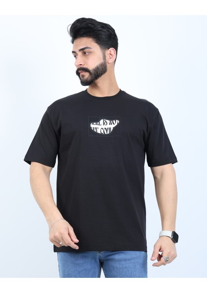 Erkek Bisiklet Yaka Baskılı Oversize Tişört