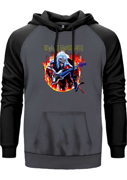 Iron Maiden Fire Gri Renk Reglan Kol Kapşonlu Sweatshirt