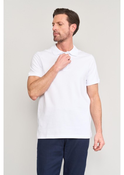 4054 Erkek Polo Yaka Penye Pike T-Shirt Beyaz