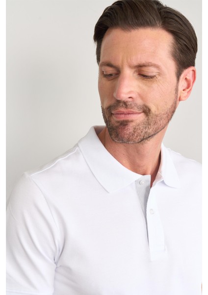 4054 Erkek Polo Yaka Penye Pike T-Shirt Beyaz modelleri