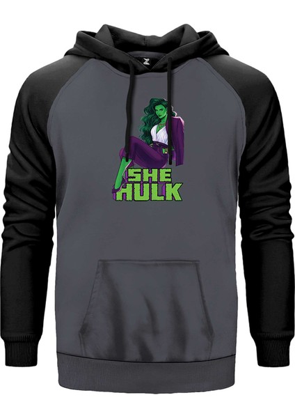 She Hulk Digital Gri Renk Reglan Kol Kapşonlu Sweatshirt