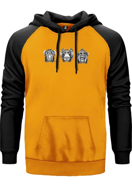Three Monkeys Cartoon Sarı Renk Reglan Kol Kapşonlu Sweatshirt
