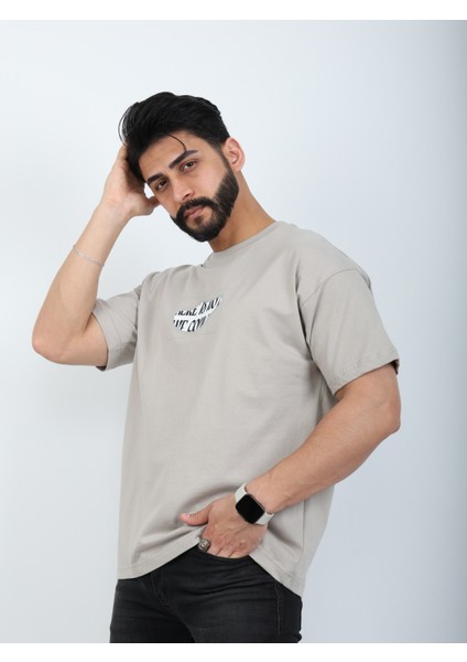Erkek Bisiklet Yaka Baskılı Oversize Tişört