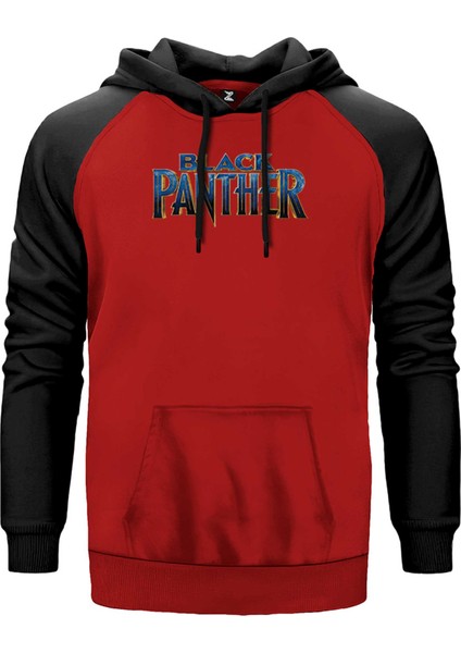 Black Panter Blue Text Kırmızı Renk Reglan Kol Kapşonlu Sweatshirt