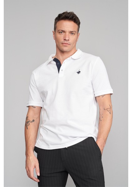 3047-L Erkek Polo Yaka Penye Pike T-Shirt Beyaz