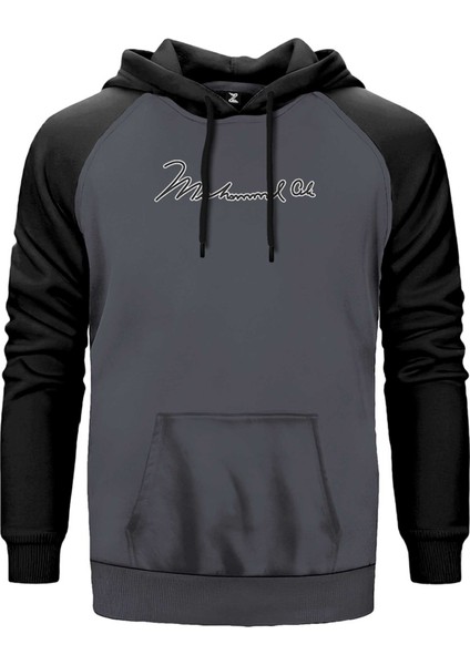 Muhammed Ali White Text Gri Renk Reglan Kol Kapşonlu Sweatshirt