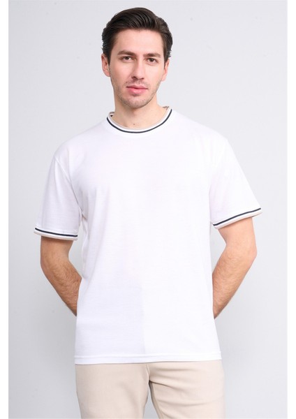 3792 Erkek Bisiklet Yaka 30/1 Pike T-Shirt Optik Beyaz