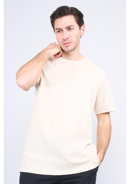 Çetinkaya Mentality 3923 Bisiklet Yaka Petek Örme Regular T-Shirt Vizon