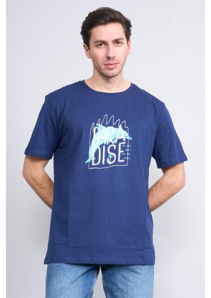 Çetinkaya Chester Polo 3836 Bisiklet Yaka 30/1 Penye Regular Baskılı T-Shirt Açık Lacivert