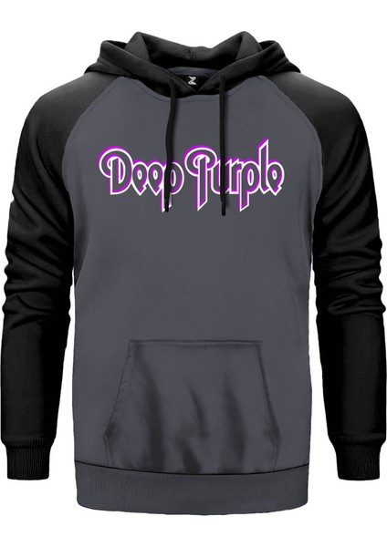Deep Purple Logo Outline Gri Renk Reglan Kol Kapşonlu Sweatshirt