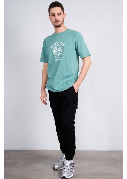 Çetinkaya Mentality 3804 Bisiklet Yaka Penye Regular Baskılı T-Shirt Mavi Yeşil